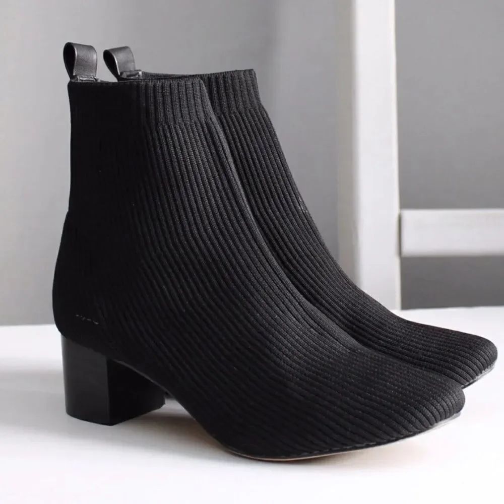Joie X Revolve NEELY Black Ribbed Knit Stretchy Block Heel Sock Ankle Booties